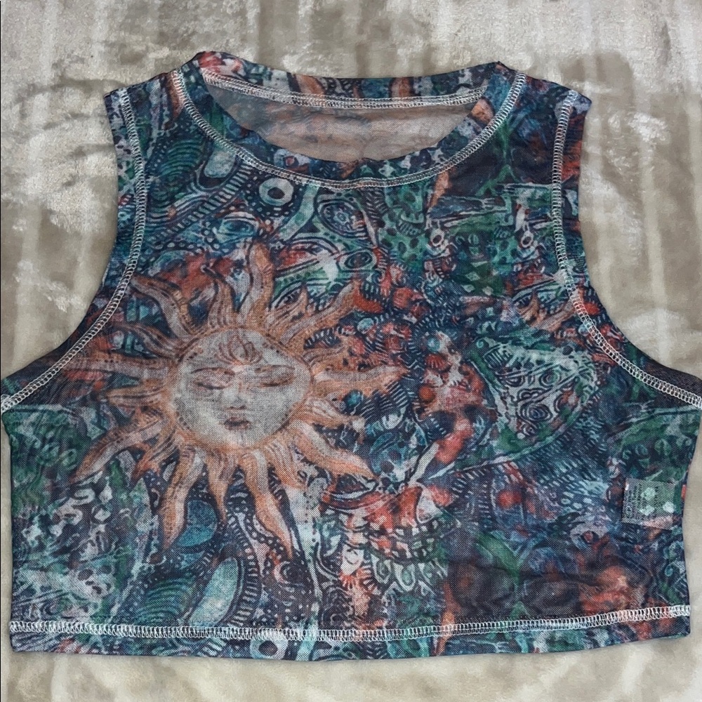 Colorful Sun and Moon Print Women's Crop Top (top is mesh see through)